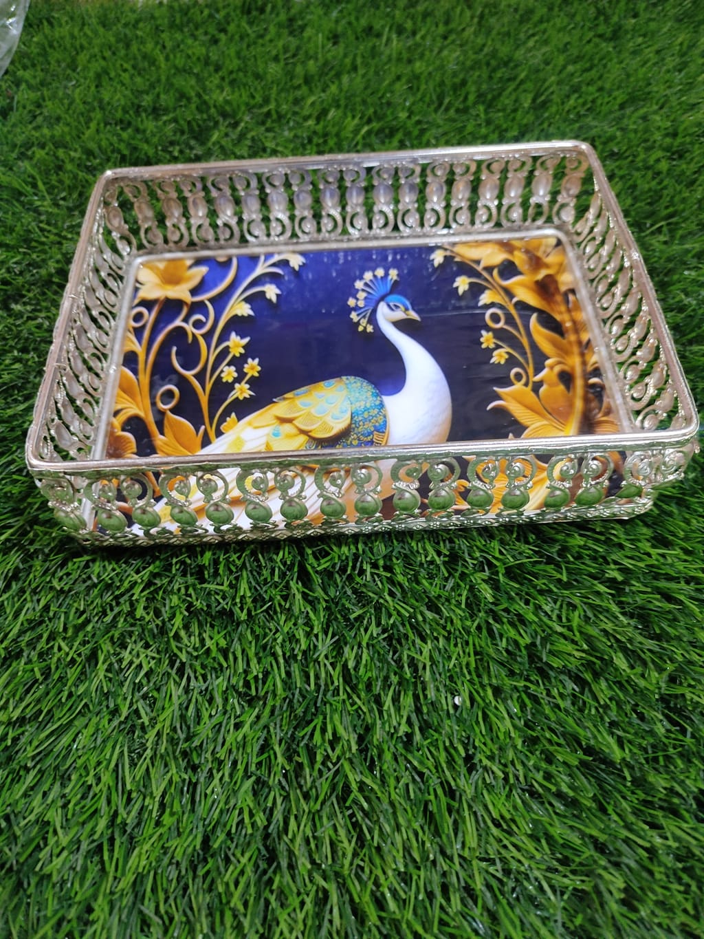 German silver coating peacock design rectangle tray